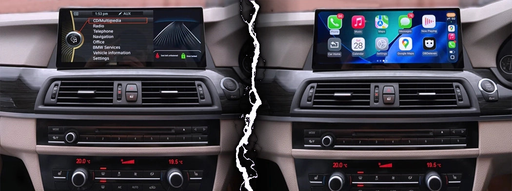 Comparison of BMW OEM iDrive system and Smarty Trend Android head unit interface on a 12.3-inch screen.